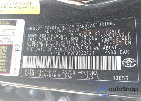 2015 Toyota Camry Se z USA, uszkodzony, nr VIN 4T1BF1FK8FU022721